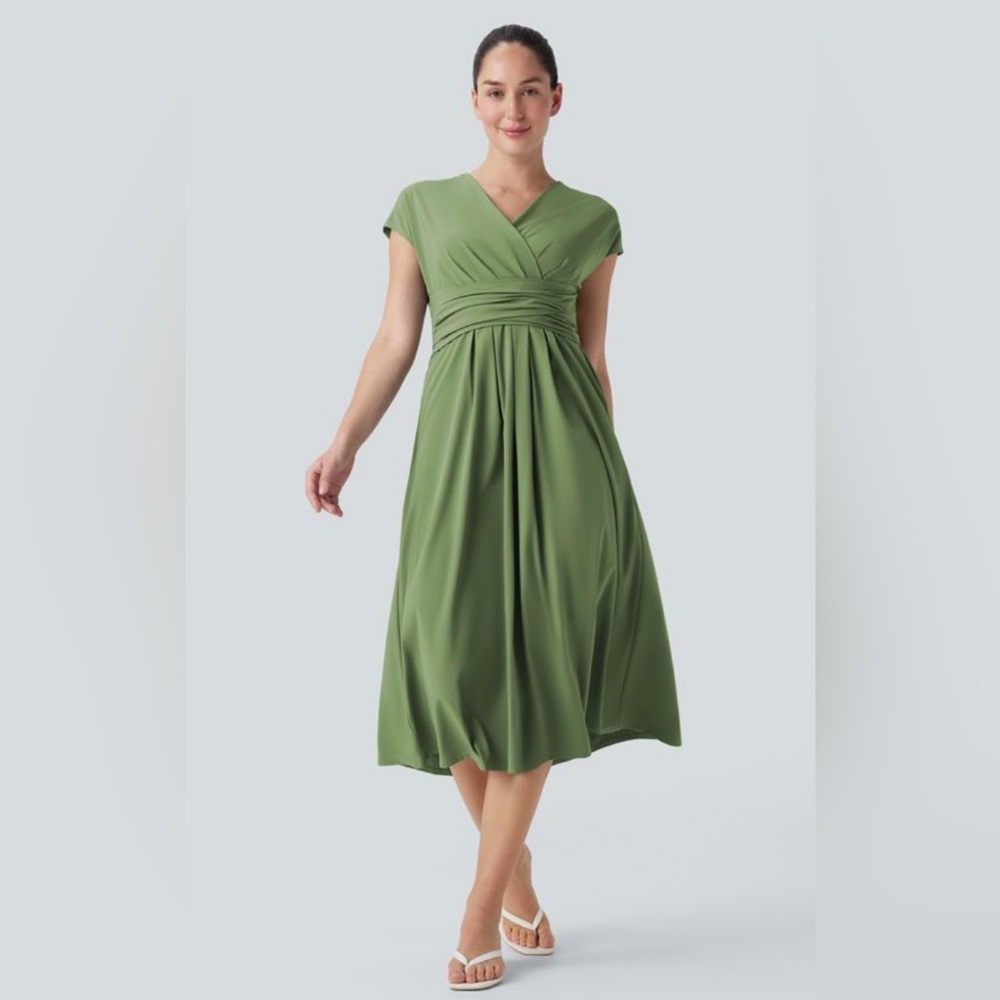 NWT Halara Breezeful Short Sleeve Midi Dress Tie Back Quick Dry Green SMALL